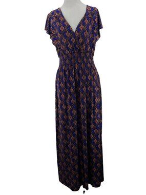 Seven Islands Size Large Maxi Dress Blue Purple Geometric Smocked Waist Womens‎